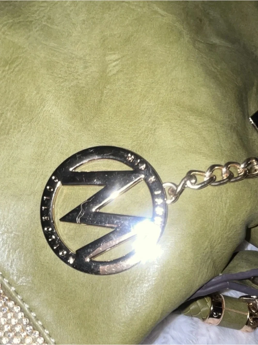 Olive Green Women's Shoulder Bag with Rhinestone Band